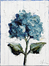 Load image into Gallery viewer, “Blue Hydrangea Botanical on Stripes” 12x9” Oil on Canvas