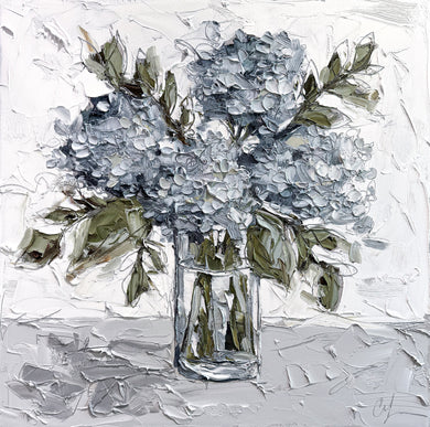 “Hydrangeas in Glass VII” - 20x20 Oil on Canvas