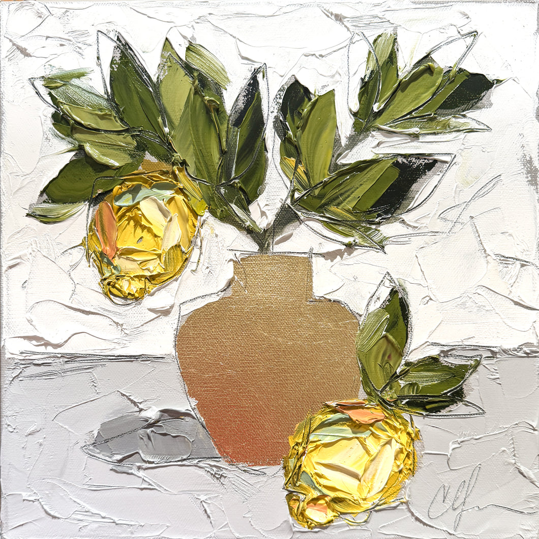 “Lemons in Gold” 12x12 Oil on Canvas