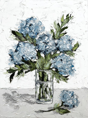 “Blue Hydrangeas in Glass I” 40x30 Oil on Canvas