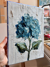 Load image into Gallery viewer, “Blue Hydrangea Botanical on Stripes” 12x9” Oil on Canvas