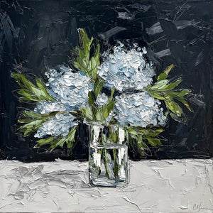 “Blue Hydrangeas in Glass III” 30x30 Oil on Canvas