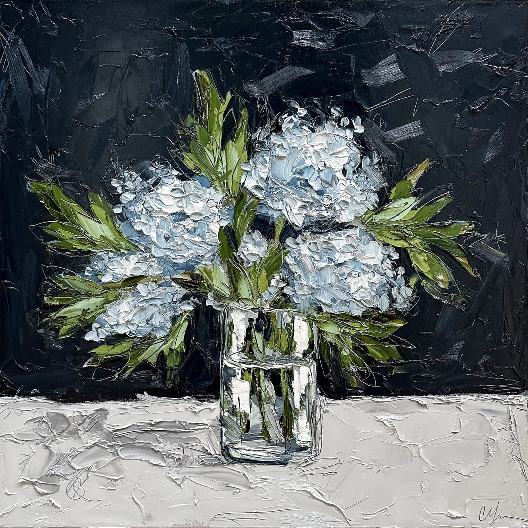 “Blue Hydrangeas in Glass III” 30x30 Oil on Canvas