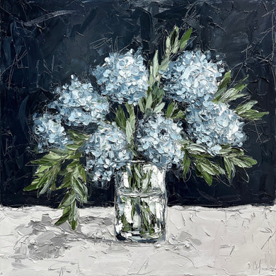 “Blue Hydrangeas in Glass II” 36x36 Oil on Canvas