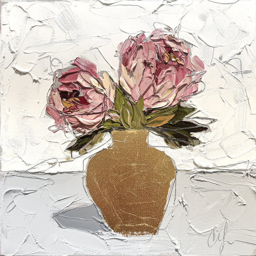 “Peonies in Gold VII” 12x12 Oil on Canvas