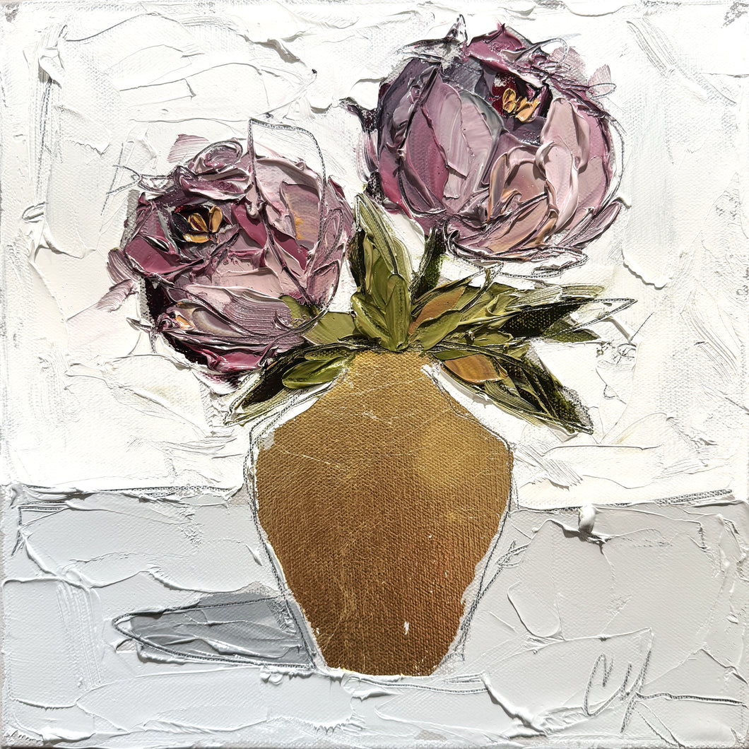 “Peonies in Gold” 12x12 Oil on Canvas