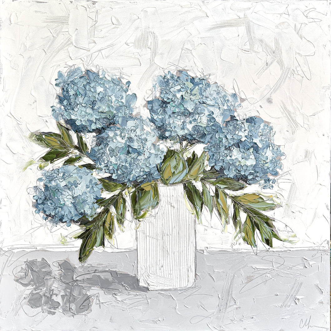 “Blue Hydrangeas in White VI” 36x36 Oil on Canvas
