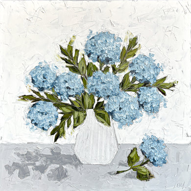“Blue Hydrangeas in White IV” 48x48 Oil on Canvas