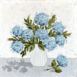 “Blue Hydrangeas in White IV” 48x48 Oil on Canvas