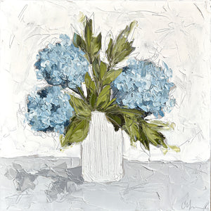 “Blue Hydrangeas in White III” 24x24 Oil on Canvas