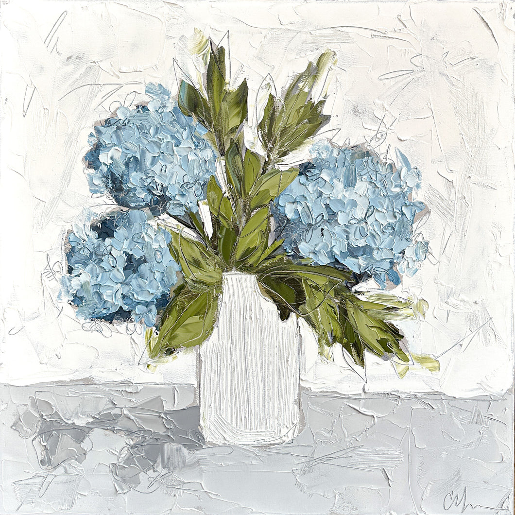 “Blue Hydrangeas in White III” 24x24 Oil on Canvas
