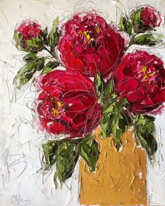 "Red Peonies in Gold I” 20x16 Oil on Canvas