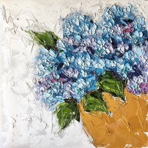 "Hydrangea in Gold Bowl II” 20x20x1.5” Oil and Graphite on Canvas