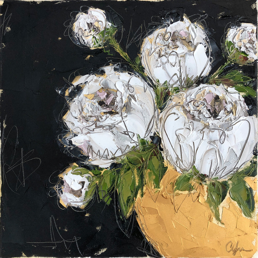“White Peonies in Gold Bowl V” 20x20 Oil on Canvas
