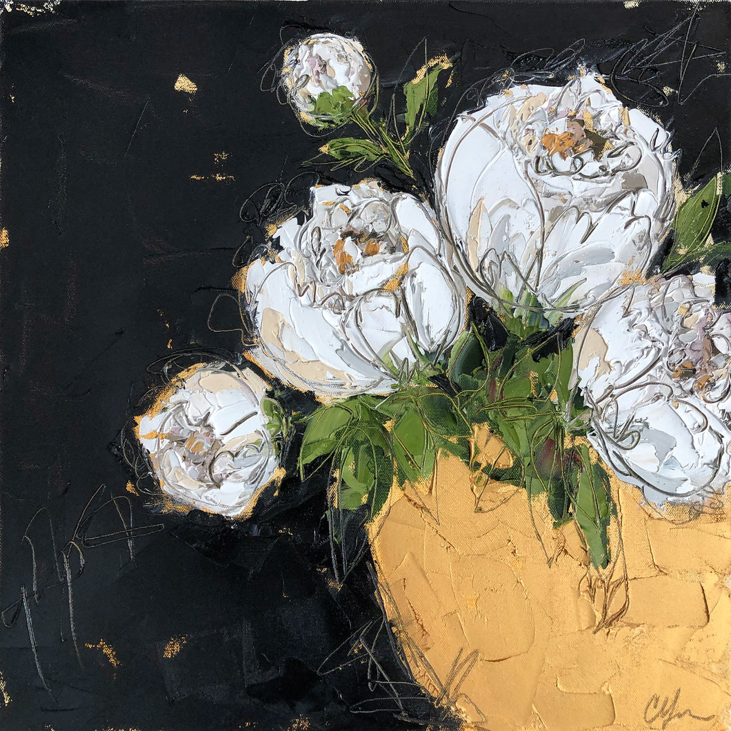 “White Peonies in Gold Bowl IV” 20x20 Oil on Canvas