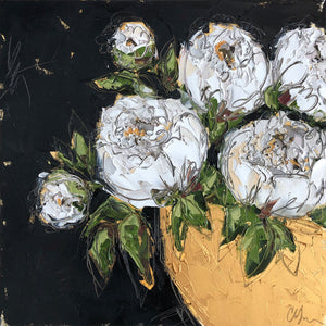 " White Peonies in Gold Bowl VI” 20x20x1.5” Oil and Graphite on Canvas