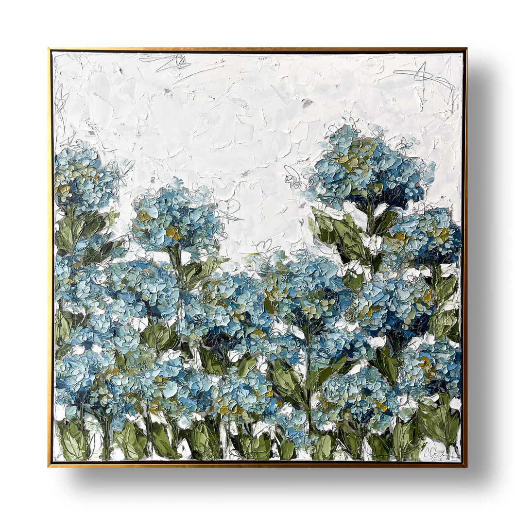 Blue Hydrangea Garden 36x36 Oil on Canvas