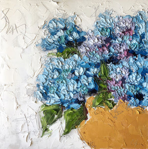 "Hydrangea in Gold Bowl I” 20x20 Oil on Canvas