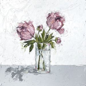 "Two Peonies in Glass” 48x48 Oil on Canvas
