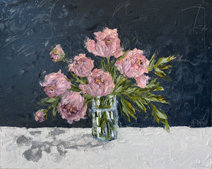 "Pink Peonies on Dark Blue” 48x60 Oil on Canvas