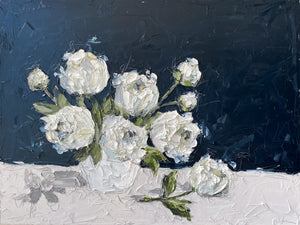 "White Peonies on Dark Blue” 36x48 Oil on Canvas