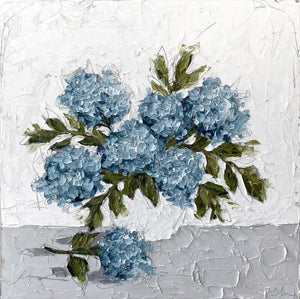 "Blue Hydrangeas in White Bowl” 36x36 Oil on Canvas