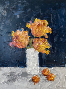 "Yellow Peonies on Dark Blue and Oranges” 40x30 Oil on Canvas