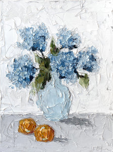 "Blue Hydrangeas in Blue and Oranges” 24x18 Oil on Canvas