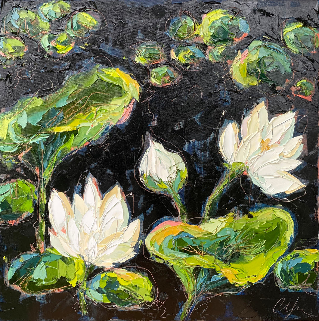 “Lilies and Lotuses VI” 24x24 Oil on Canvas