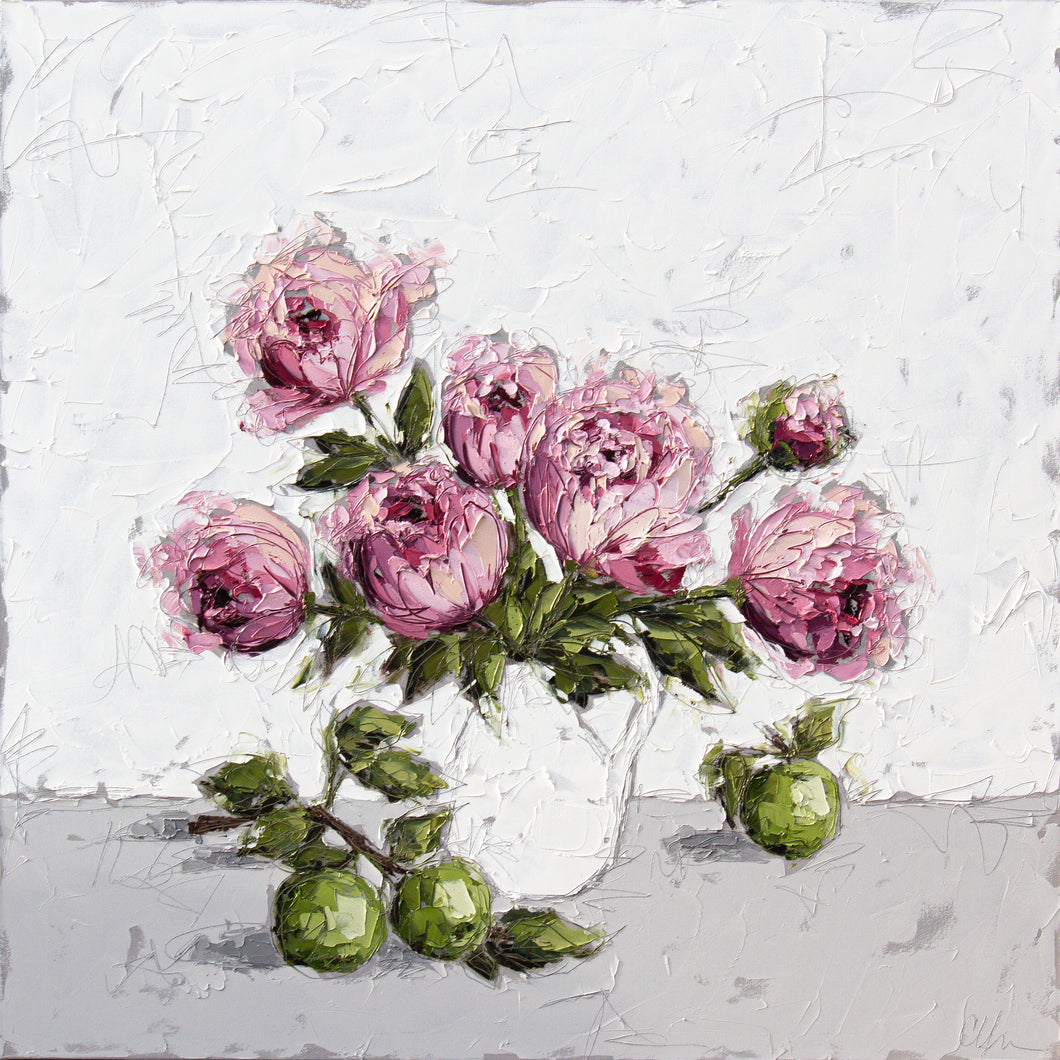 “Peonies and Apples” 48x48 Oil on Canvas
