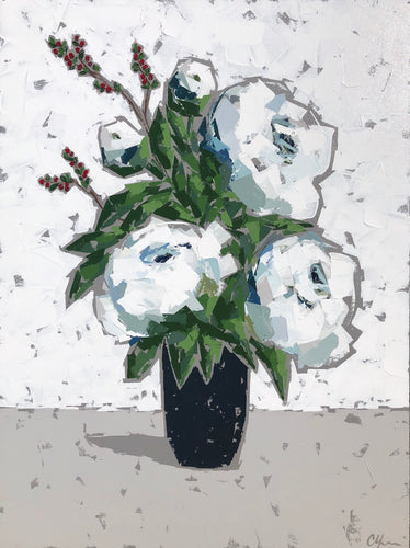 “Peonies in Black Vase”