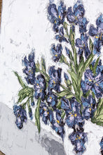 Load image into Gallery viewer, “Violet Irises in White Vase” 48x60 Oil on Canvas