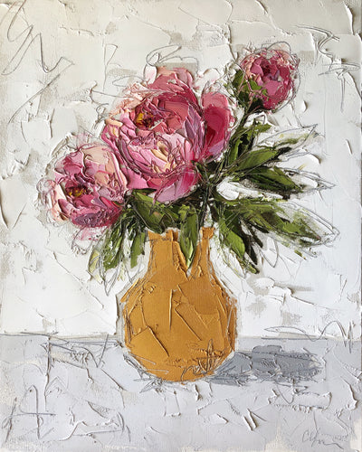 Pink Peonies in Gold” 20x16x1.5” Oil and Graphite on Canvas