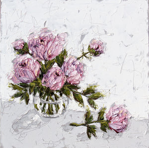 “Pink Peonies in Glass Bowl” 40x40 Oil on Canvas
