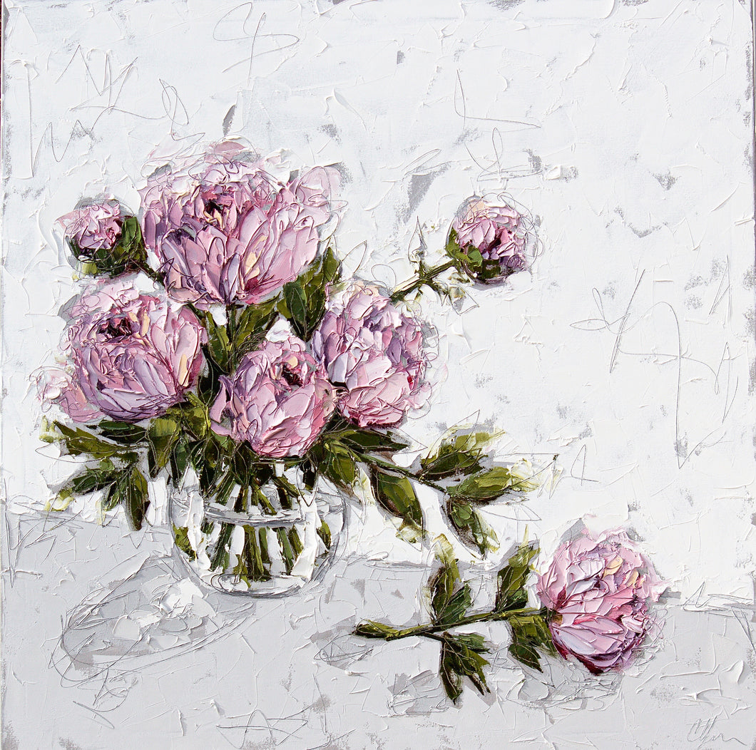 “Pink Peonies in Glass Bowl” 40x40 Oil on Canvas