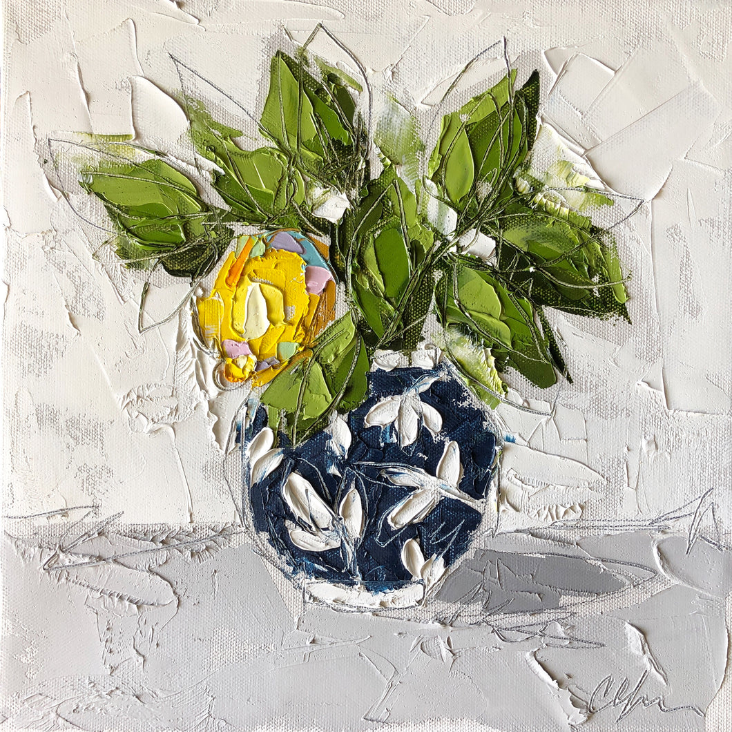 Lemon in Blue Chinoiserie III” 12x12 Oil on Canvas