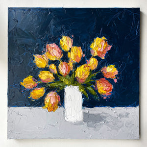 “Yellow Tulips on Blue" 36x36 Oil on Canvas