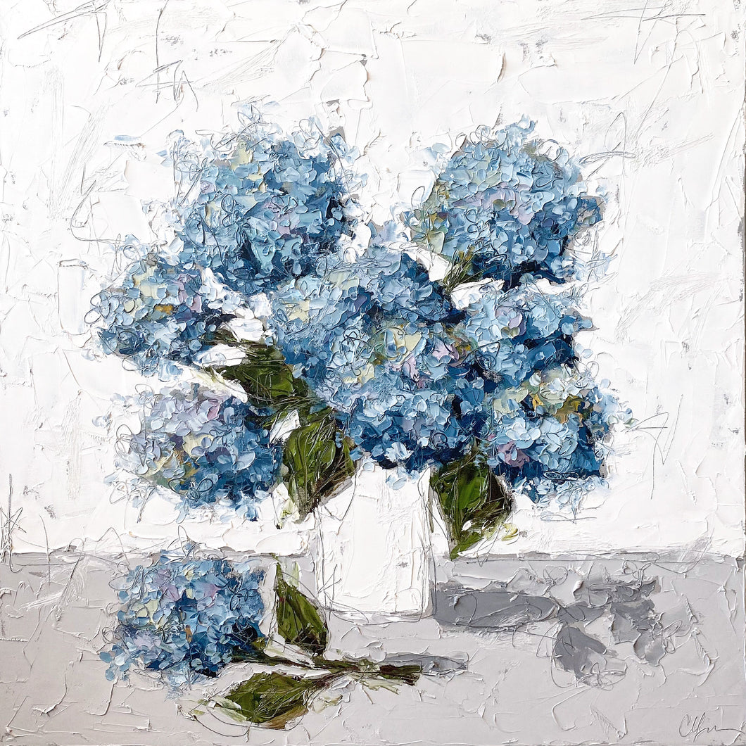 Blue Hydrangeas in White 36x36 Oil on Canvas