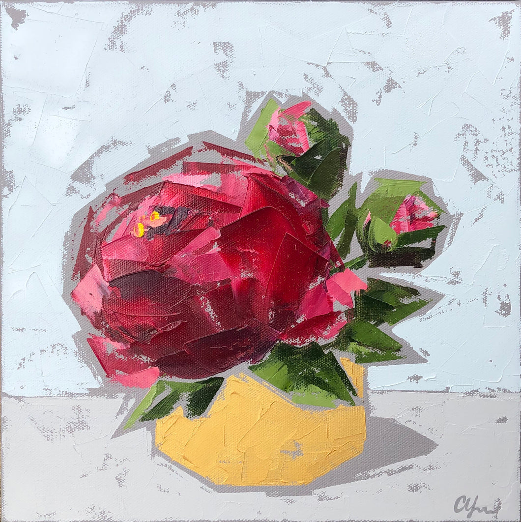 “Red Peonies in Gold no. 2” 12x12