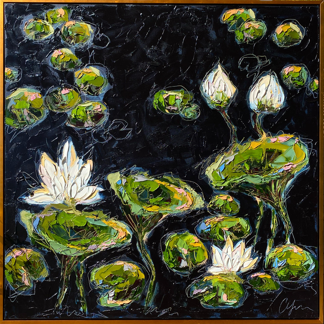 “Lilies and Lotuses IV” Framed 36x36 Oil on Canvas