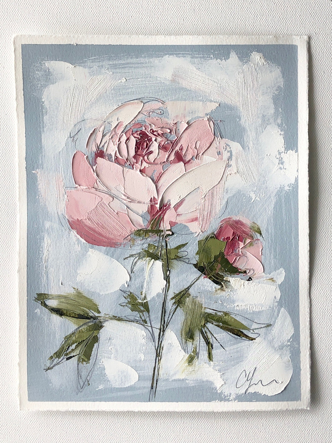 “Pink on Blue I” 10x8” Oil/Graphite on Paper