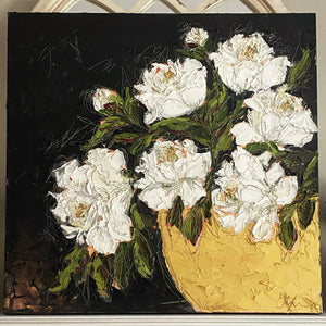 “White Peonies in Gold” 36x36 Oil on Canvas