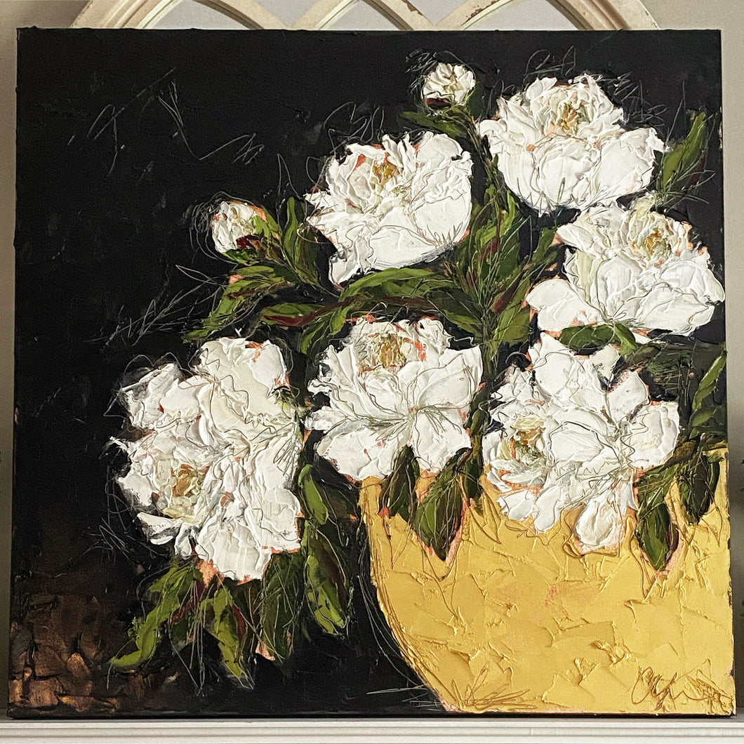 “White Peonies in Gold” 36x36 Oil on Canvas