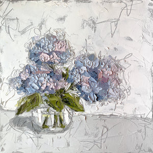“Hydrangeas in Glass I" 20x20 Oil/Graphite on Canvas