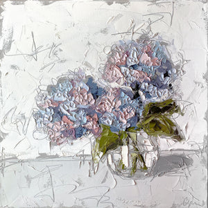 “Hydrangeas in Glass II" 20x20 Oil/Graphite on Canvas