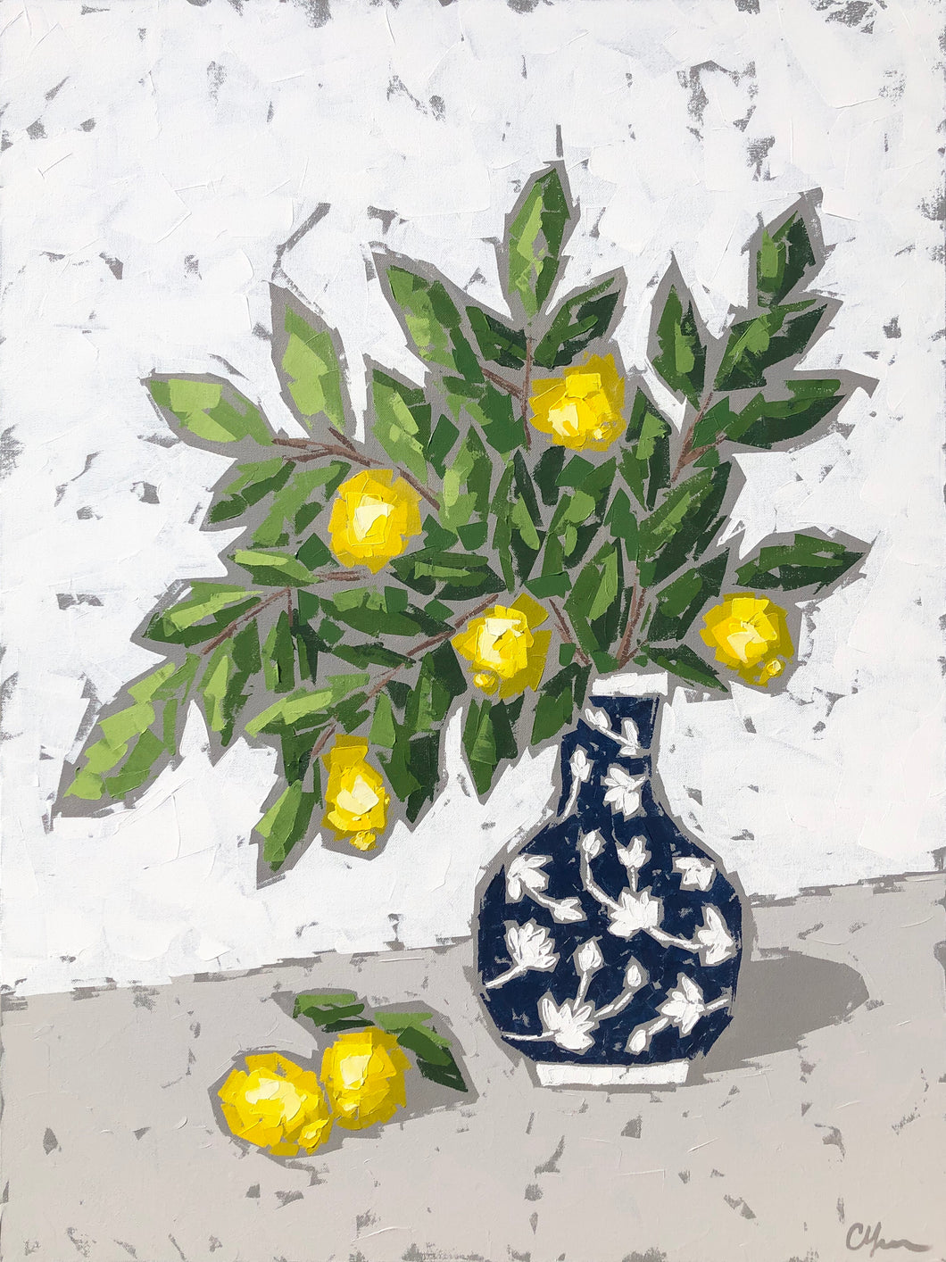 “Lemons in Water Lily Chinoiserie I” | 30x24x1.5”