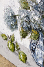Load image into Gallery viewer, “Hydrangeas and Apples in Glass” 48x48 Oil on Canvas