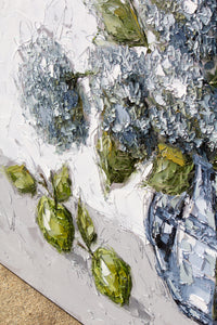 “Hydrangeas and Apples in Glass” 48x48 Oil on Canvas