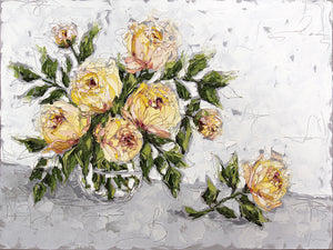 “Yellow Peonies in Glass” 36x48 Oil on Canvas