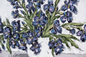 “Violet Irises in White Vase” 48x60 Oil on Canvas